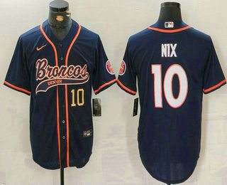 Men's Denver Broncos #10 Bo Nix Number Navy Cool Base Stitched Baseball Jersey