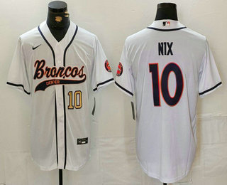 Men's Denver Broncos #10 Bo Nix Number White Cool Base Stitched Baseball Jersey