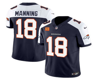 Men's Denver Broncos #18 Peyton Manning Navy 2024 FUSE C Patch Vapor Limited Stitched Jersey