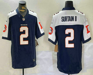 Men's Denver Broncos #2 Patrick Surtain II Navy Blue Thanksgiving  FUSE Vapor Jersey