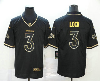 Men's Denver Broncos #3 Drew Lock Black 100th Season Golden Edition Jersey