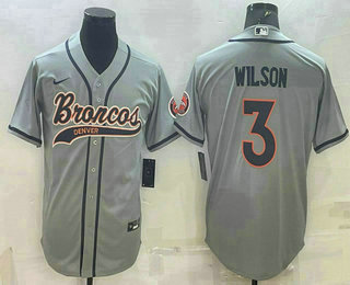 Men's Denver Broncos #3 Russell Wilson Grey With Patch Cool Base Stitched Baseball Jersey