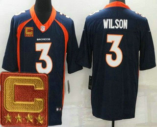 Men's Denver Broncos #3 Russell Wilson Limited Blue 2022 Captain Patch Vapor Jersey