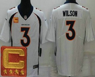 Men's Denver Broncos #3 Russell Wilson Limited White 2022 Captain Patch Vapor Jersey