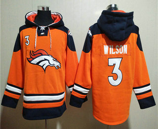 Men's Denver Broncos #3 Russell Wilson Orange Ageless Must Have Lace Up Pullover Hoodie