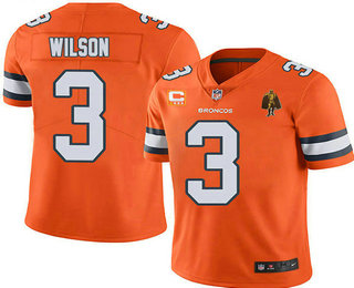 Men's Denver Broncos #3 Russell Wilson Orange With C Patch Walter Payton Patch Limited Stitched Jersey