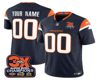 Men's Denver Broncos ACTIVE PLAYER Custom Navy 2024 FUSE 3X Champions Patch Vapor Limited Stitched Jersey