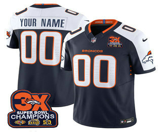 Men's Denver Broncos ACTIVE PLAYER Custom Navy Thanksgiving 2024 FUSE 3X Champions Patch Vapor Limited Stitched Jersey