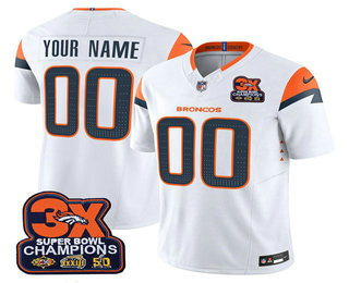 Men's Denver Broncos ACTIVE PLAYER Custom White 2024 FUSE 3X Champions Patch Vapor Limited Stitched Jersey