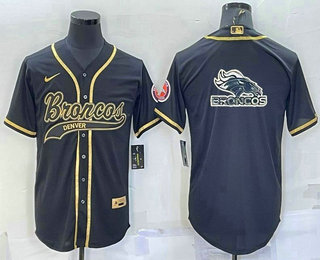 Men's Denver Broncos Black Gold Team Big Logo With Patch Cool Base Stitched Baseball Jersey