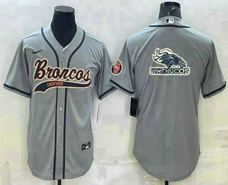 Men's Denver Broncos Grey Team Big Logo With Patch Cool Base Stitched Baseball Jersey