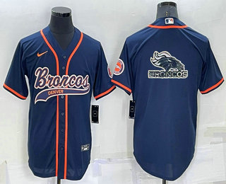 Men's Denver Broncos Navy Team Big Logo With Patch Cool Base Stitched Baseball Jersey