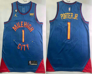 Men's Denver Nuggets #1 Michael Porter Jr Blue 2023 Statement Edition With 6 Patch Stitched Jersey