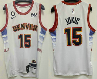 Men's Denver Nuggets #15 Nikola Jokic 2023 White City Edition With 6 Patch Stitched Jersey With Sponsor