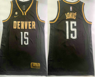 Men's Denver Nuggets #15 Nikola Jokic Black Gold 2023 Finals 6 Patch Icon Sponsor Swingman Jersey