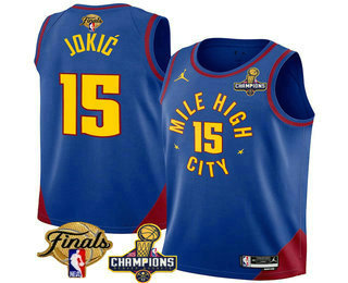 Men's Denver Nuggets #15 Nikola Jokic Blue 2023 Champions Patch And Finals Patch Statement Edition Stitched Basketball Jersey