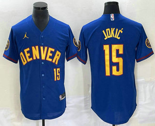 Men's Denver Nuggets #15 Nikola Jokic Blue With Patch Stitched Baseball Jersey
