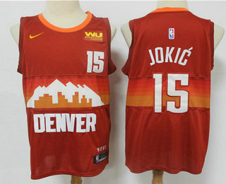 Men's Denver Nuggets #15 Nikola Jokic Red 2021 City Edition NBA Swingman Jersey With The Sponsor Logo