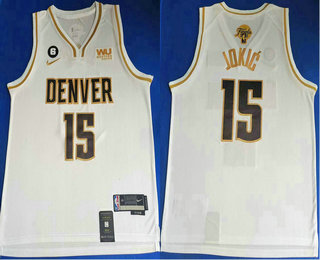 Men's Denver Nuggets #15 Nikola Jokic White Gold Edition 2023 Finals With 6 Patch Stitched Jersey