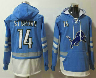 Men's Detroit Lions #14 Amon Ra St Brown NEW Blue Pocket Stitched NFL Pullover Hoodie