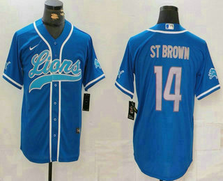 Men's Detroit Lions #14 Amon Ra St Brown Blue Grey Cool Base Stitched Baseball Jersey