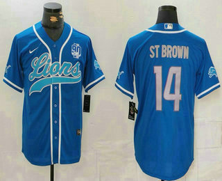 Men's Detroit Lions #14 Amon Ra St Brown Blue Grey With 90th Patch Cool Base Stitched Baseball Jersey