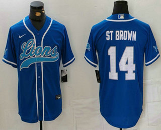 Men's Detroit Lions #14 Amon Ra St Brown Blue White Cool Base Stitched Baseball Jersey