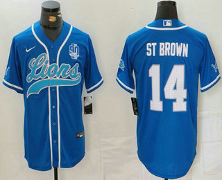 Men's Detroit Lions #14 Amon Ra St Brown Blue White With 90th Patch Cool Base Stitched Baseball Jersey