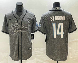 Men's Detroit Lions #14 Amon Ra St Brown Grey Gridiron With Patch Cool Base Stitched Baseball Jersey