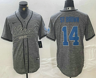 Men's Detroit Lions #14 Amon Ra St Brown Grey Gridiron With Patch Cool Base Stitched Baseball Jersey