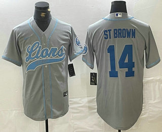 Men's Detroit Lions #14 Amon Ra St Brown Grey With Patch Cool Base Stitched Baseball Jersey