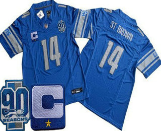 Men's Detroit Lions #14 Amon Ra St Brown Limited Blue C Patch 90th Season FUSE Vapor Jersey