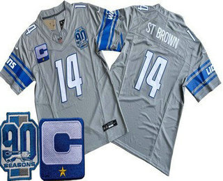 Men's Detroit Lions #14 Amon Ra St Brown Limited Gray C Patch 90th Season FUSE Vapor Jersey