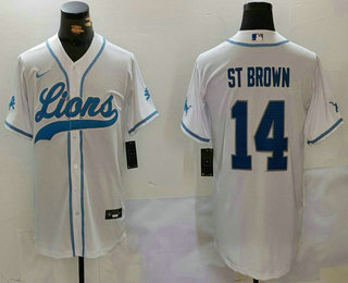 Men's Detroit Lions #14 Amon Ra St Brown White 2024 Cool Base Stitched Baseball Jersey