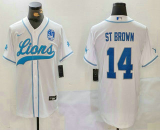 Men's Detroit Lions #14 Amon Ra St Brown White 2024 With 90th Patch Cool Base Stitched Baseball Jersey