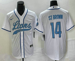 Men's Detroit Lions #14 Amon Ra St Brown White With Patch Cool Base Stitched Baseball Jersey