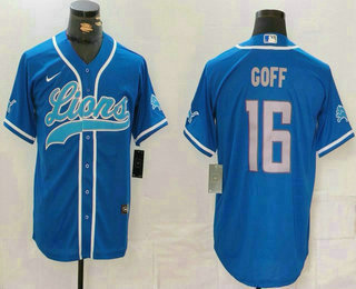 Men's Detroit Lions #16 Jared Goff Blue Grey Cool Base Stitched Baseball Jersey