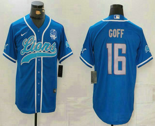 Men's Detroit Lions #16 Jared Goff Blue Grey With 90th Patch Cool Base Stitched Baseball Jersey