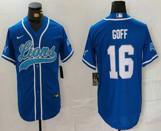 Men's Detroit Lions #16 Jared Goff Blue White Cool Base Stitched Baseball Jersey