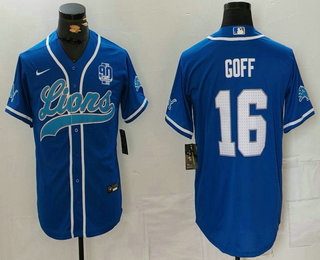 Men's Detroit Lions #16 Jared Goff Blue White With 90th Patch Cool Base Stitched Baseball Jersey