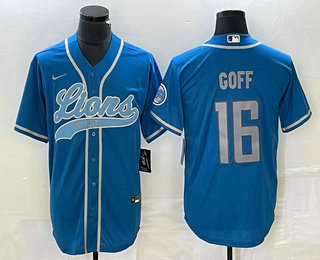 Men's Detroit Lions #16 Jared Goff Blue With Patch Cool Base Stitched Baseball Jersey