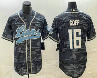 Men's Detroit Lions #16 Jared Goff Grey Camo With Patch Cool Base Stitched Baseball Jersey