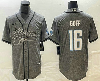 Men's Detroit Lions #16 Jared Goff Grey Gridiron With Patch Cool Base Stitched Baseball Jersey