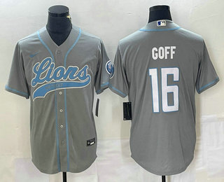 Men's Detroit Lions #16 Jared Goff Grey With Patch Cool Base Stitched Baseball Jersey