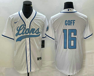 Men's Detroit Lions #16 Jared Goff White With Patch Cool Base Stitched Baseball Jersey