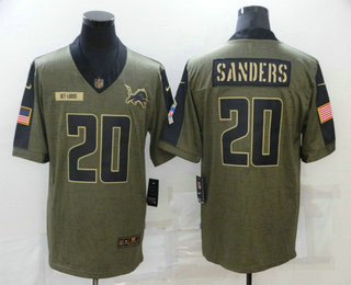 Men's Detroit Lions #20 Barry Sanders 2021 Olive Salute To Service Limited Stitched Jersey