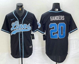 Men's Detroit Lions #20 Barry Sanders Black With Patch Cool Base Stitched Baseball Jersey