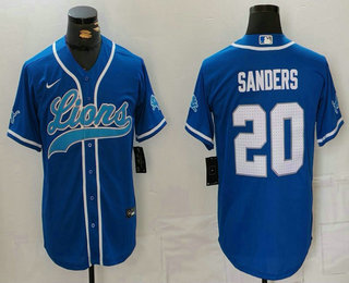 Men's Detroit Lions #20 Barry Sanders Blue White Cool Base Stitched Baseball Jersey 001