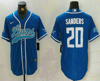 Men's Detroit Lions #20 Barry Sanders Blue White Cool Base Stitched Baseball Jersey