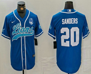 Men's Detroit Lions #20 Barry Sanders Blue White With 90th Patch Cool Base Stitched Baseball Jersey 002